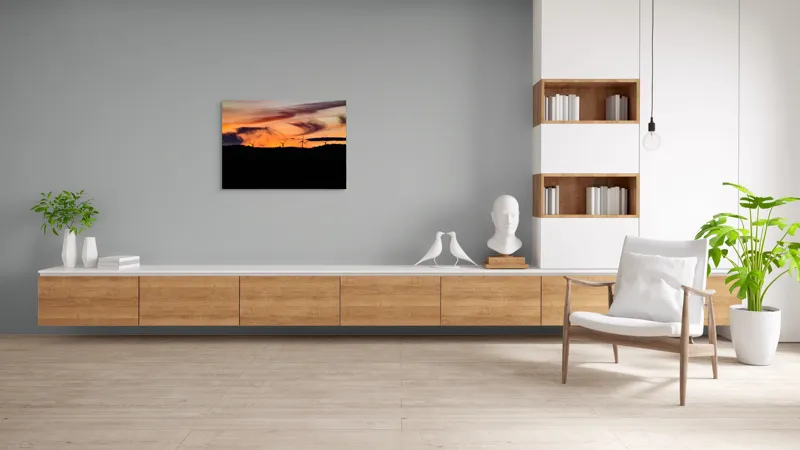 Tablou Canvas, "Apus vibrant peste turbine eoliene", Apus, Vânt, Siluete, Energie, Cer, Natură, Peisaj, 100 x 70 cm – poza 6