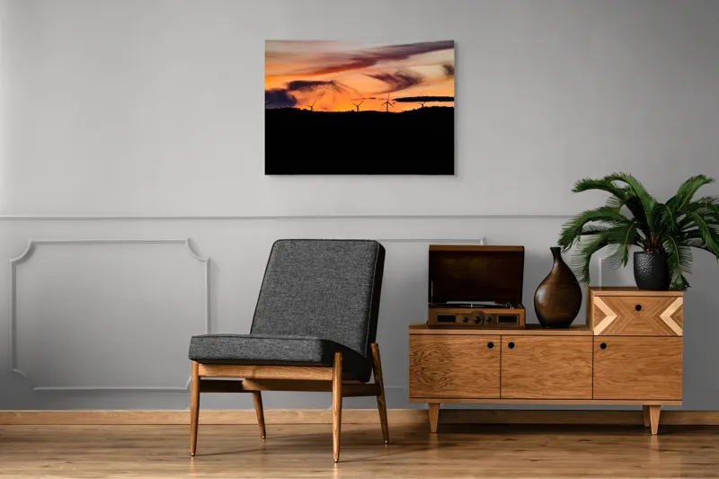 Tablou Canvas, "Apus vibrant peste turbine eoliene", Apus, Vânt, Siluete, Energie, Cer, Natură, Peisaj, 100 x 70 cm – poza 8