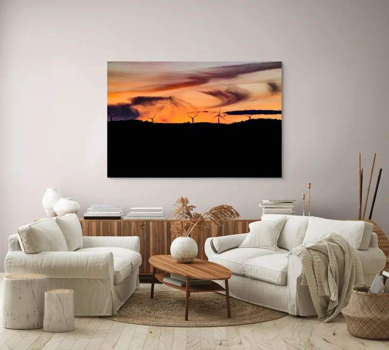 Tablou Canvas, "Apus vibrant peste turbine eoliene", Apus, Vânt, Siluete, Energie, Cer, Natură, Peisaj, 150 x 100 cm – poza 3
