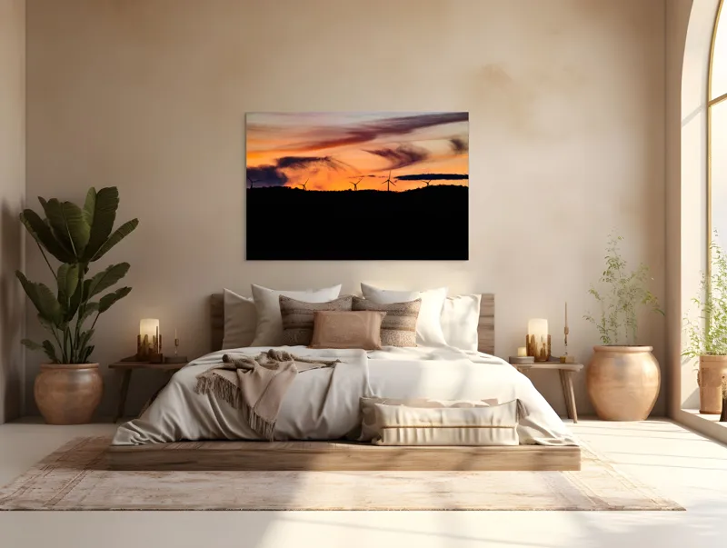 Tablou Canvas, "Apus vibrant peste turbine eoliene", Apus, Vânt, Siluete, Energie, Cer, Natură, Peisaj, 150 x 100 cm – poza 4