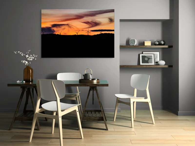 Tablou Canvas, "Apus vibrant peste turbine eoliene", Apus, Vânt, Siluete, Energie, Cer, Natură, Peisaj, 150 x 100 cm – poza 5