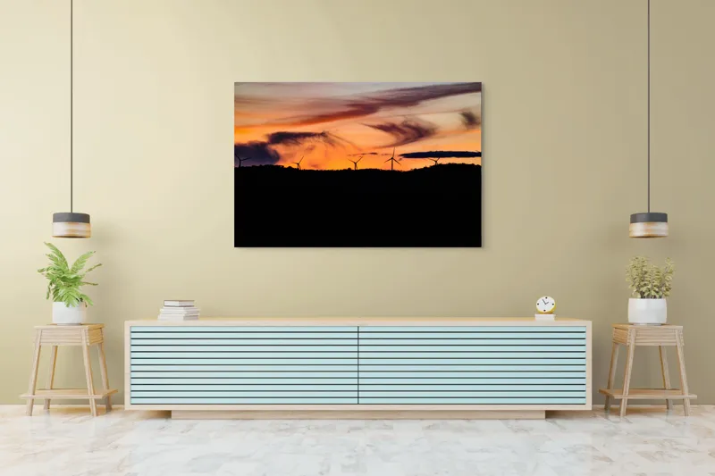 Tablou Canvas, "Apus vibrant peste turbine eoliene", Apus, Vânt, Siluete, Energie, Cer, Natură, Peisaj, 150 x 100 cm – poza 6