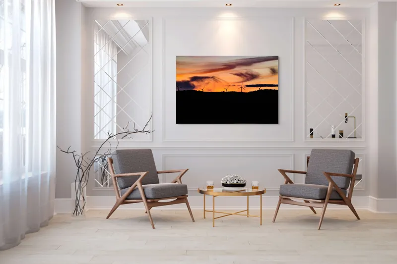 Tablou Canvas, "Apus vibrant peste turbine eoliene", Apus, Vânt, Siluete, Energie, Cer, Natură, Peisaj, 150 x 100 cm – poza 7
