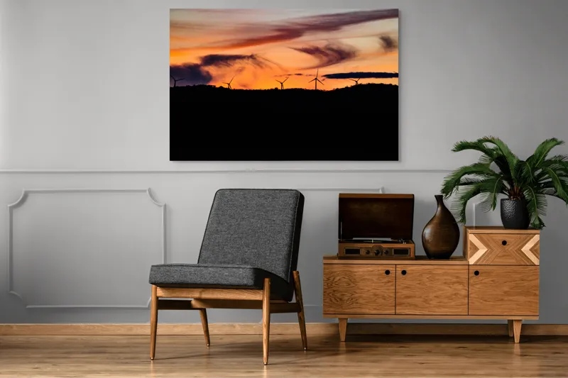 Tablou Canvas, "Apus vibrant peste turbine eoliene", Apus, Vânt, Siluete, Energie, Cer, Natură, Peisaj, 150 x 100 cm – poza 8