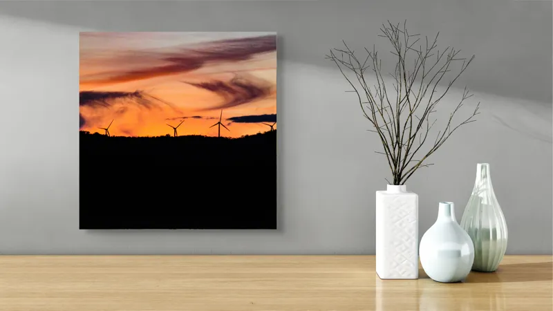 Tablou Canvas, "Apus vibrant peste turbine eoliene", Apus, Vânt, Siluete, Energie, Cer, Natură, Peisaj, 50 x 50 cm – poza 3