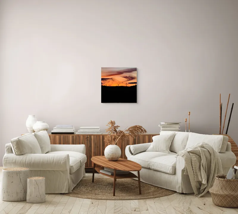 Tablou Canvas, "Apus vibrant peste turbine eoliene", Apus, Vânt, Siluete, Energie, Cer, Natură, Peisaj, 50 x 50 cm – poza 7