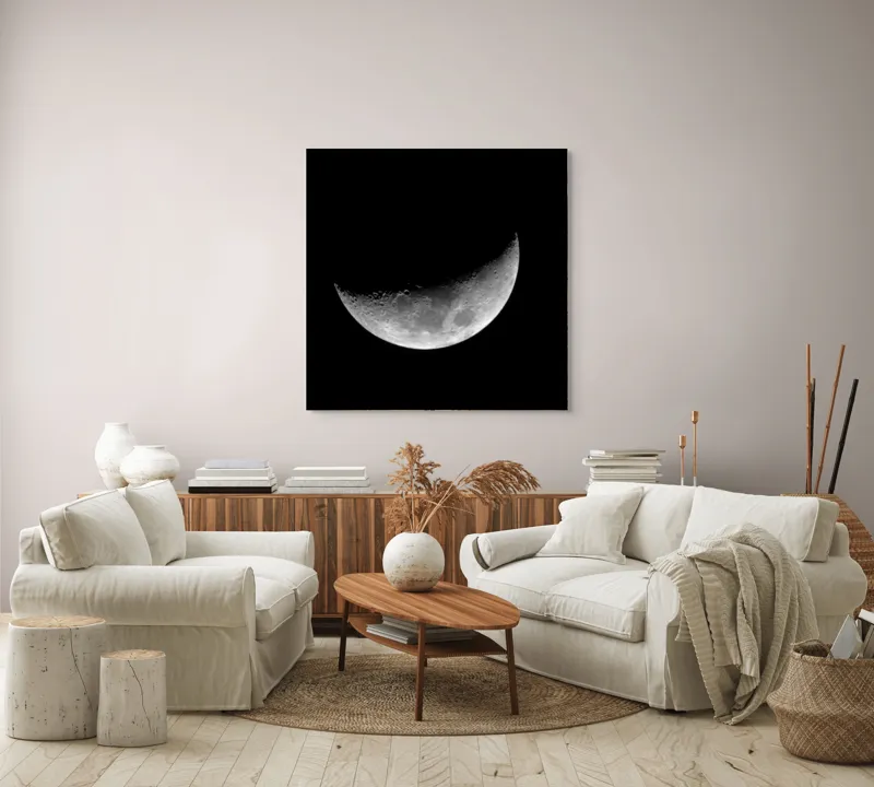 Tablou Canvas, "Luna misterioasă în noapte clară", Lună, Ceaţă, Noapte, Spaţiu, Mister, Lumină, Cratere, Semilună, Tăcere, Umbre, 100 x 100 cm – poza 3