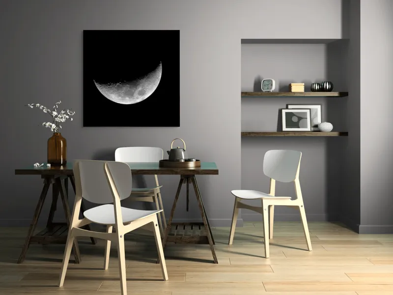 Tablou Canvas, "Luna misterioasă în noapte clară", Lună, Ceaţă, Noapte, Spaţiu, Mister, Lumină, Cratere, Semilună, Tăcere, Umbre, 100 x 100 cm – poza 6