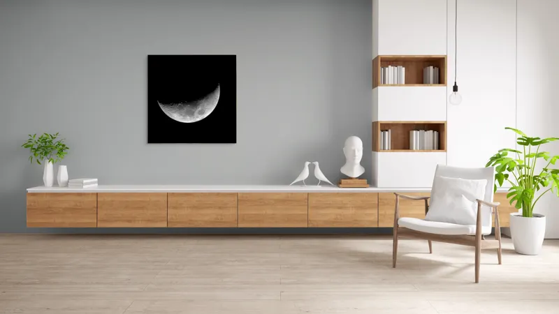 Tablou Canvas, "Luna misterioasă în noapte clară", Lună, Ceaţă, Noapte, Spaţiu, Mister, Lumină, Cratere, Semilună, Tăcere, Umbre, 100 x 100 cm – poza 8