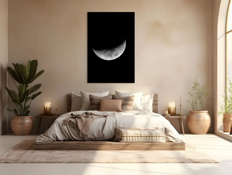 Tablou Canvas, "Luna misterioasă în noapte clară", Lună, Ceaţă, Noapte, Spaţiu, Mister, Lumină, Cratere, Semilună, Tăcere, Umbre, 100 x 150 cm – poza 3