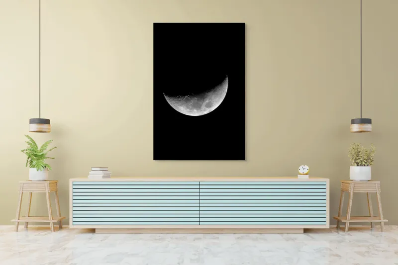 Tablou Canvas, "Luna misterioasă în noapte clară", Lună, Ceaţă, Noapte, Spaţiu, Mister, Lumină, Cratere, Semilună, Tăcere, Umbre, 100 x 150 cm – poza 4