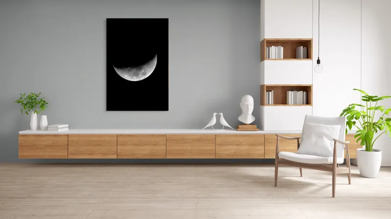 Tablou Canvas, "Luna misterioasă în noapte clară", Lună, Ceaţă, Noapte, Spaţiu, Mister, Lumină, Cratere, Semilună, Tăcere, Umbre, 100 x 150 cm – poza 8