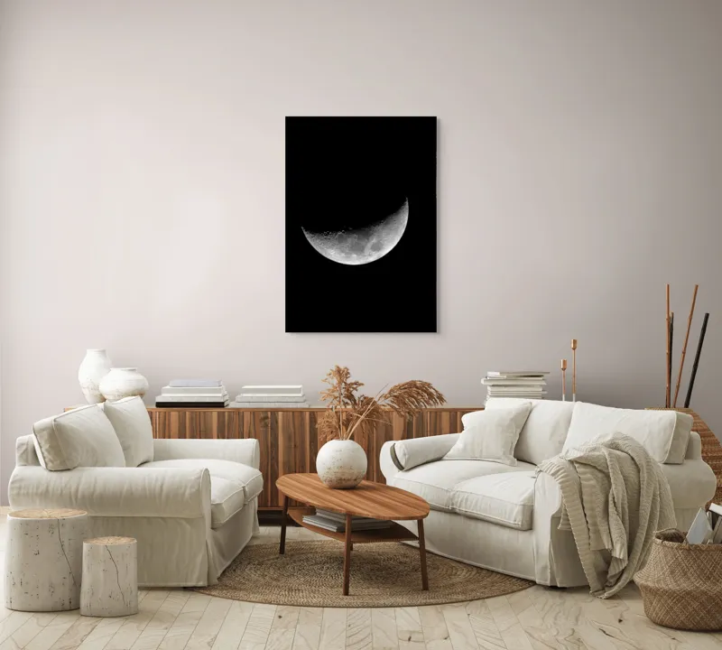 Tablou Canvas, "Luna misterioasă în noapte clară", Lună, Ceaţă, Noapte, Spaţiu, Mister, Lumină, Cratere, Semilună, Tăcere, Umbre, 70 x 100 cm – poza 4