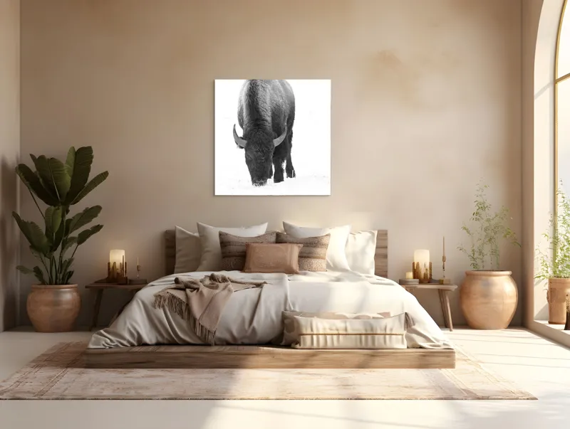 Tablou Canvas, "Bizon singuratic pe zăpadă albă", Bizon, Zăpadă, Cer, Iarnă, Solitudine, Putere, Natură, Blană, 100 x 100 cm – poza 4