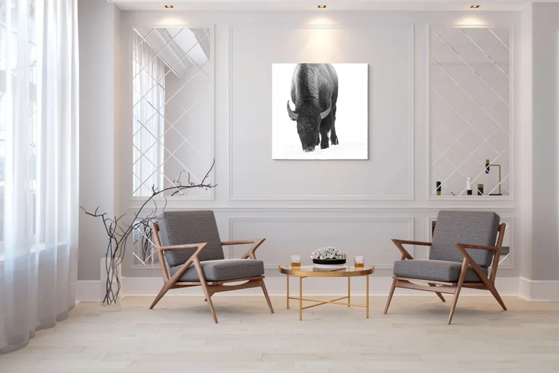Tablou Canvas, "Bizon singuratic pe zăpadă albă", Bizon, Zăpadă, Cer, Iarnă, Solitudine, Putere, Natură, Blană, 100 x 100 cm – poza 7