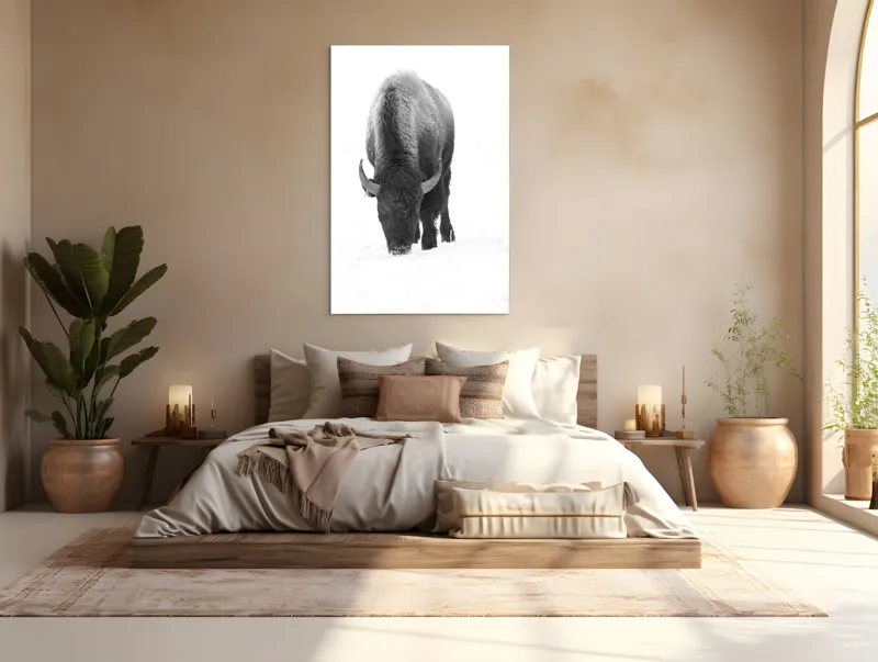 Tablou Canvas, "Bizon singuratic pe zăpadă albă", Bizon, Zăpadă, Cer, Iarnă, Solitudine, Putere, Natură, Blană, 100 x 150 cm – poza 3