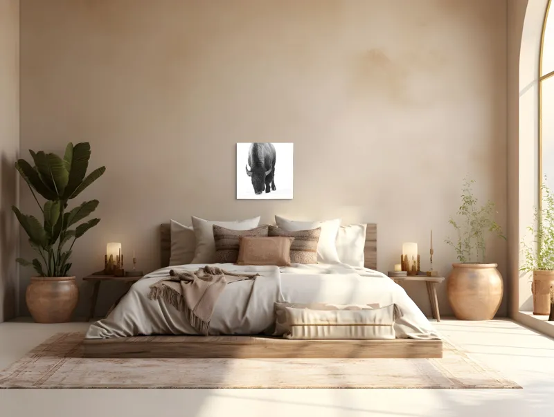 Tablou Canvas, "Bizon singuratic pe zăpadă albă", Bizon, Zăpadă, Cer, Iarnă, Solitudine, Putere, Natură, Blană, 50 x 50 cm – poza 5