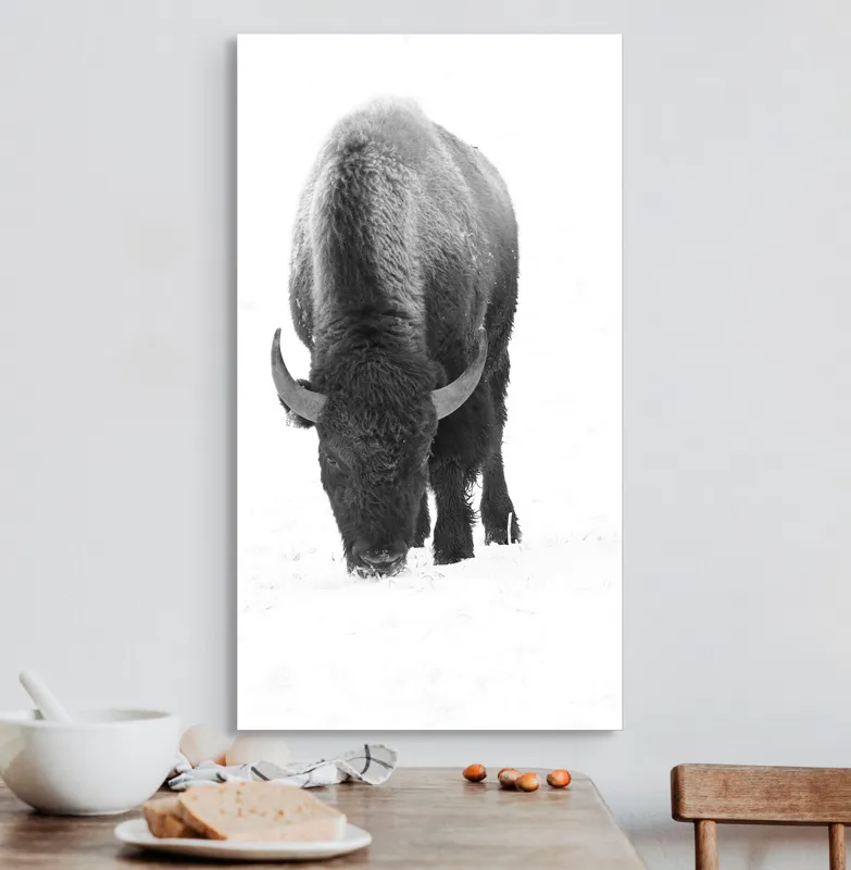 Tablou Canvas, "Bizon singuratic pe zăpadă albă", Bizon, Zăpadă, Cer, Iarnă, Solitudine, Putere, Natură, Blană, 50 x 90 cm – poza 3