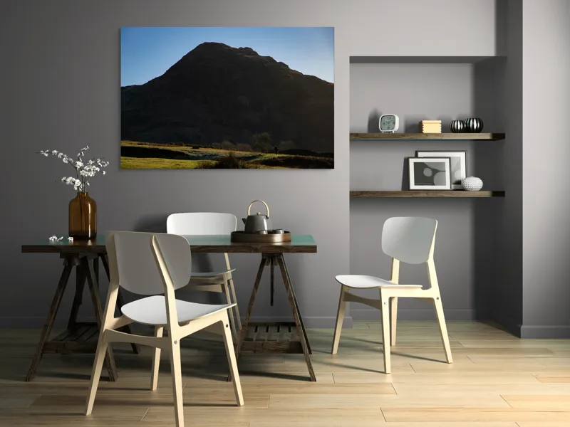 Tablou Canvas, "Silueta muntelui în lumina dimineții", Munte, Umbre, Apus, Pajiște, Solitudine, Contrast, Natură, Cer, Seară, Siluetă, 150 x 100 cm – poza 5