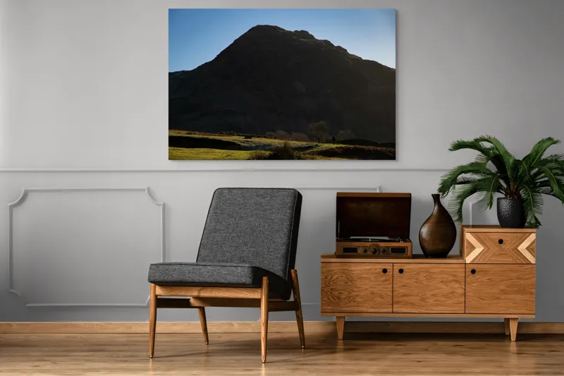 Tablou Canvas, "Silueta muntelui în lumina dimineții", Munte, Umbre, Apus, Pajiște, Solitudine, Contrast, Natură, Cer, Seară, Siluetă, 150 x 100 cm – poza 8