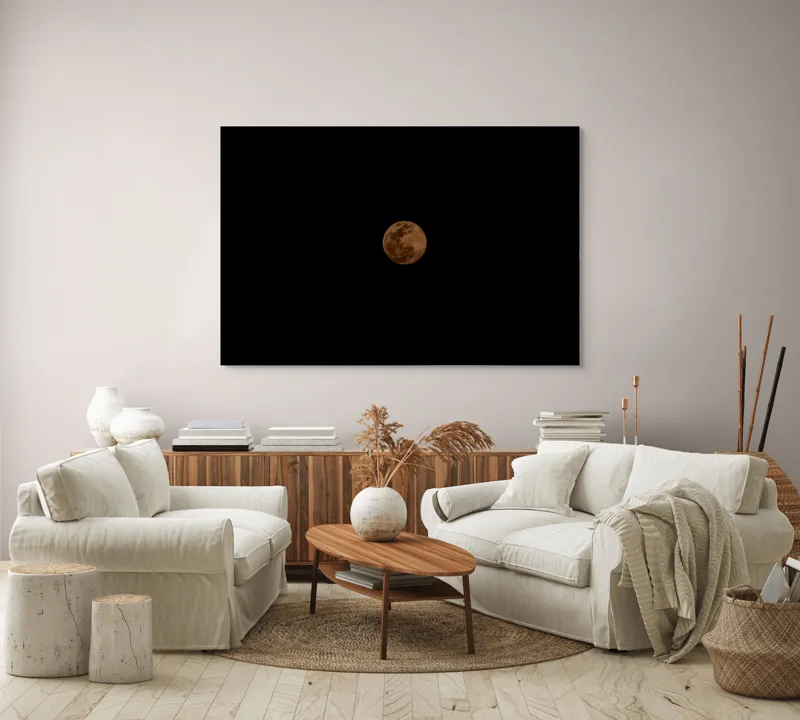 Tablou Canvas, "Misterul lunii portocalii pe cer", Mister, Lumină, Lună, Întuneric, Cer, Clar, Noapte, Sferă, Strălucire, Solitudine, 150 x 100 cm – poza 3