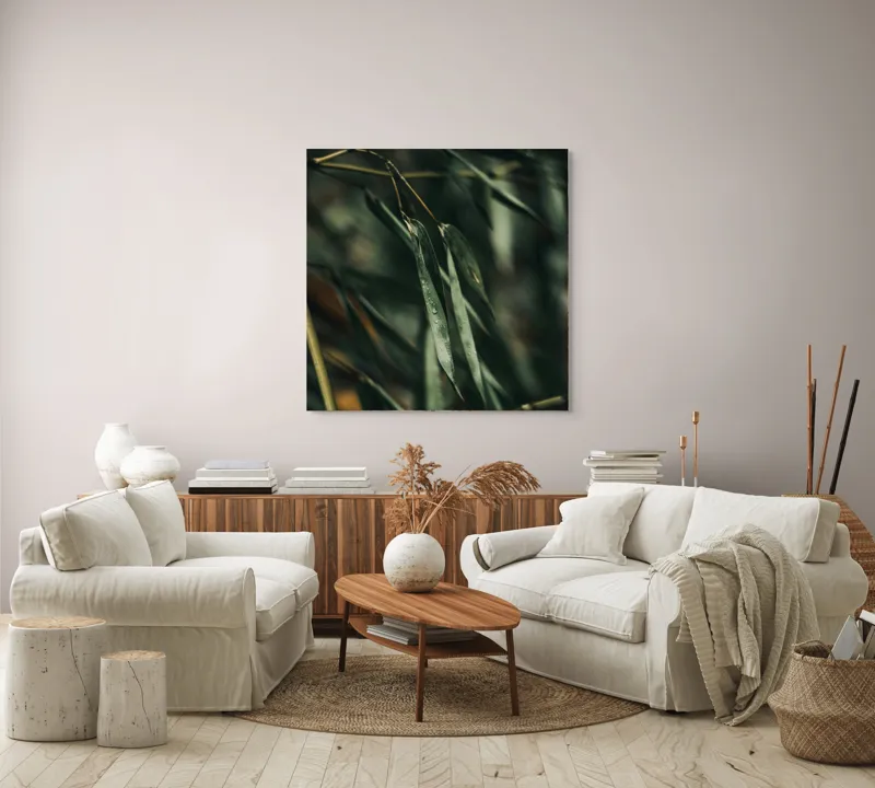 Tablou Canvas, "Frunze de bambus în ploaie ușoară", Picături, Frunze, Verde, Natură, Bambuși, 100 x 100 cm – poza 3