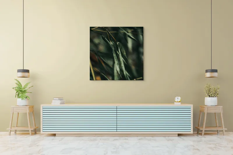 Tablou Canvas, "Frunze de bambus în ploaie ușoară", Picături, Frunze, Verde, Natură, Bambuși, 100 x 100 cm – poza 5