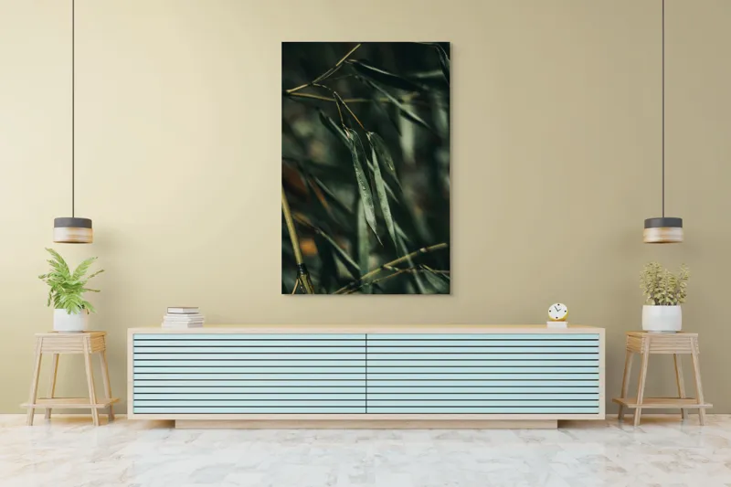 Tablou Canvas, "Frunze de bambus în ploaie ușoară", Picături, Frunze, Verde, Natură, Bambuși, 100 x 150 cm – poza 4
