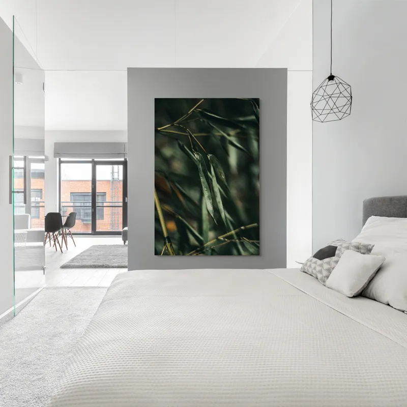 Tablou Canvas, "Frunze de bambus în ploaie ușoară", Picături, Frunze, Verde, Natură, Bambuși, 100 x 150 cm – poza 5