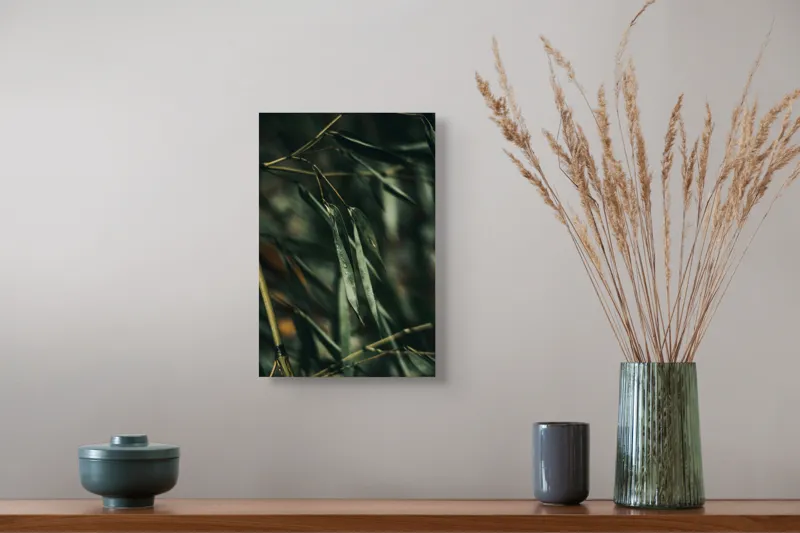 Tablou Canvas, "Frunze de bambus în ploaie ușoară", Picături, Frunze, Verde, Natură, Bambuși, 26 x 39 cm – poza 5