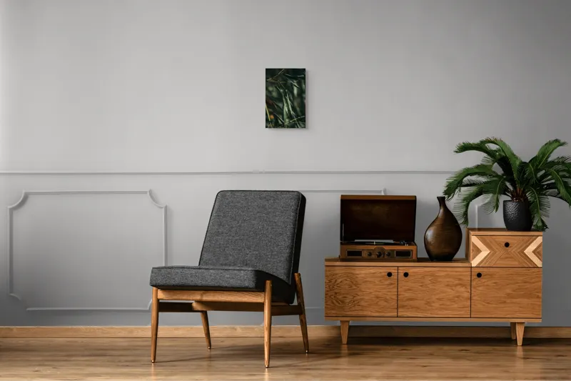 Tablou Canvas, "Frunze de bambus în ploaie ușoară", Picături, Frunze, Verde, Natură, Bambuși, 26 x 39 cm – poza 8
