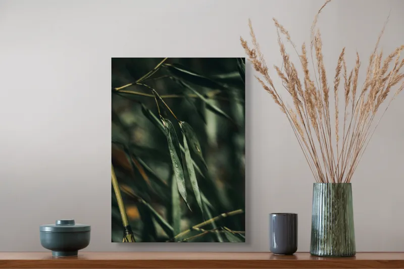 Tablou Canvas, "Frunze de bambus în ploaie ușoară", Picături, Frunze, Verde, Natură, Bambuși, 39 x 54 cm – poza 3