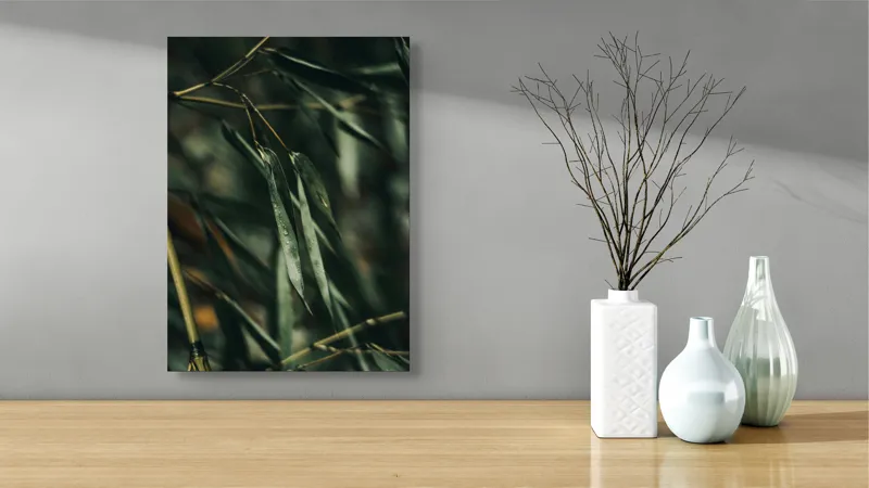 Tablou Canvas, "Frunze de bambus în ploaie ușoară", Picături, Frunze, Verde, Natură, Bambuși, 39 x 54 cm – poza 4