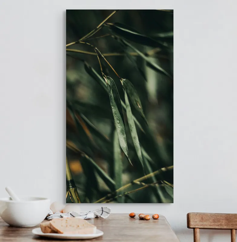 Tablou Canvas, "Frunze de bambus în ploaie ușoară", Picături, Frunze, Verde, Natură, Bambuși, 50 x 90 cm – poza 3