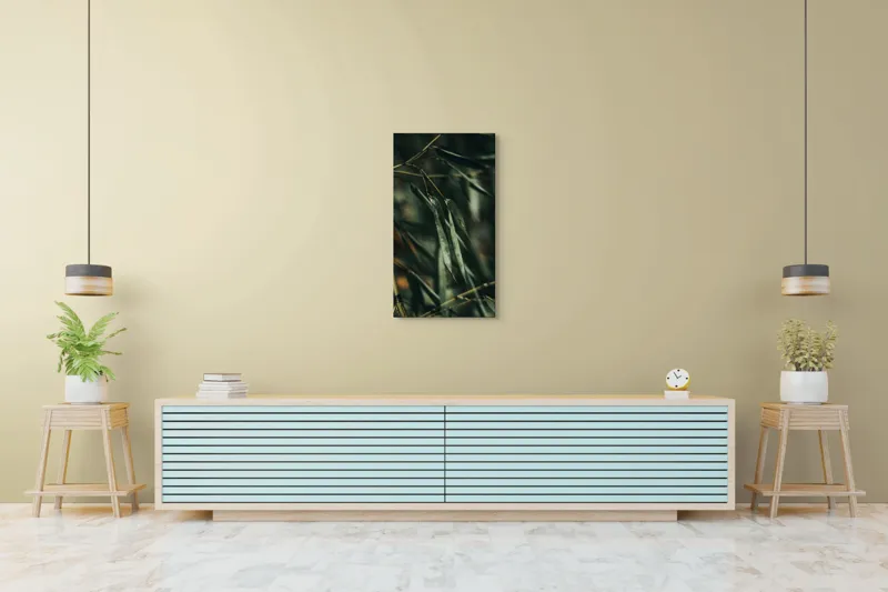 Tablou Canvas, "Frunze de bambus în ploaie ușoară", Picături, Frunze, Verde, Natură, Bambuși, 50 x 90 cm – poza 6