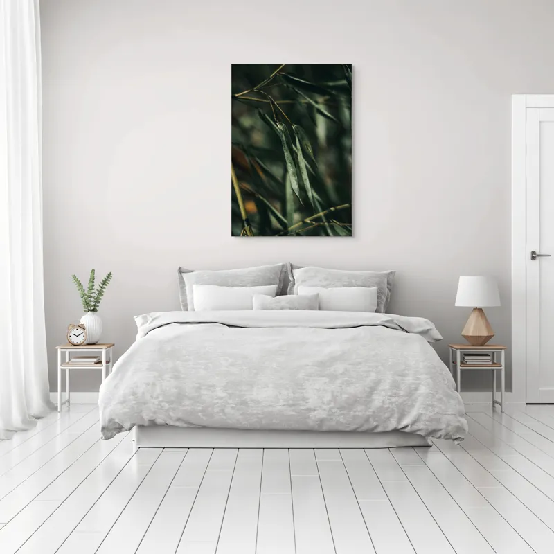 Tablou Canvas, "Frunze de bambus în ploaie ușoară", Picături, Frunze, Verde, Natură, Bambuși, 70 x 100 cm – poza 3