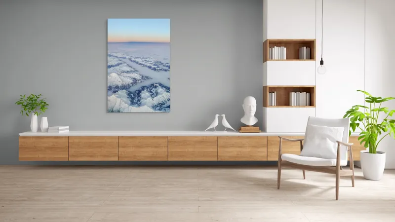 Tablou Canvas, "Lumină și umbre peste munți albi", Nor, Munți, Zăpadă, Apus, Cer, Albastru, Peisaj, Lumină, Liniste, Frumusețe, 100 x 150 cm – poza 8
