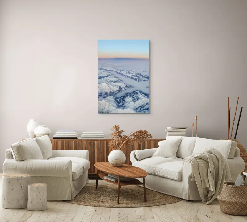 Tablou Canvas, "Lumină și umbre peste munți albi", Nor, Munți, Zăpadă, Apus, Cer, Albastru, Peisaj, Lumină, Liniste, Frumusețe, 70 x 100 cm – poza 4