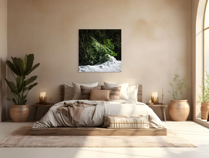 Tablou Canvas, "Brad mic sub razele soarelui", Brad, Zăpadă, Umbre, Lumină, Pădure, Iarnă, Natură, Răcoare., 100 x 100 cm – poza 4