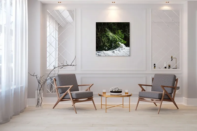 Tablou Canvas, "Brad mic sub razele soarelui", Brad, Zăpadă, Umbre, Lumină, Pădure, Iarnă, Natură, Răcoare., 100 x 100 cm – poza 7
