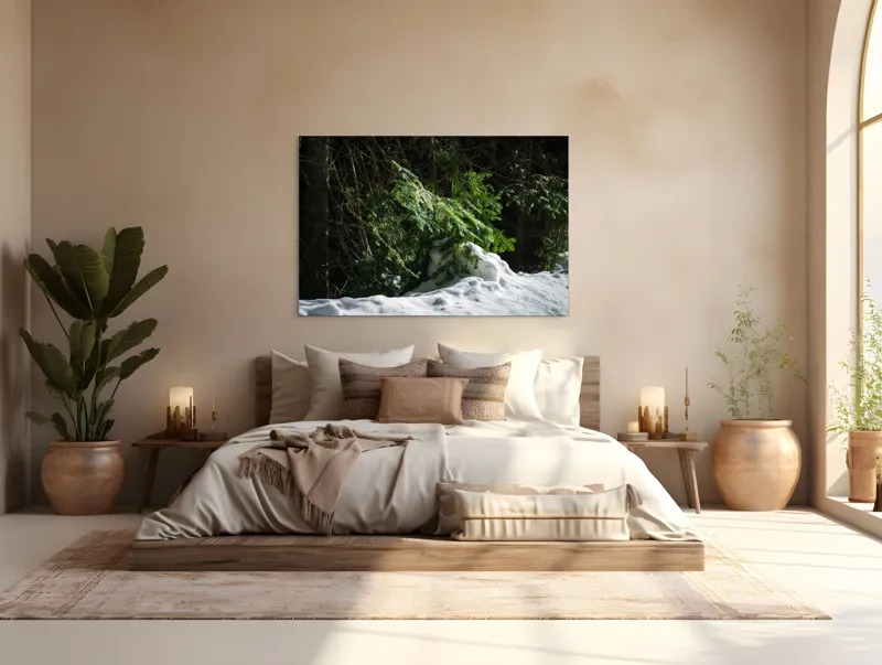 Tablou Canvas, "Brad mic sub razele soarelui", Brad, Zăpadă, Umbre, Lumină, Pădure, Iarnă, Natură, Răcoare., 150 x 100 cm – poza 4