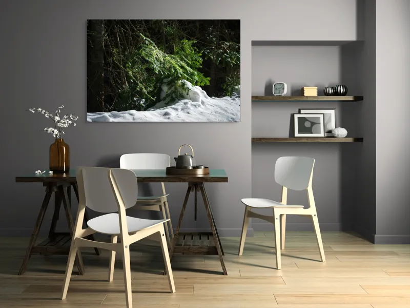 Tablou Canvas, "Brad mic sub razele soarelui", Brad, Zăpadă, Umbre, Lumină, Pădure, Iarnă, Natură, Răcoare., 150 x 100 cm – poza 5