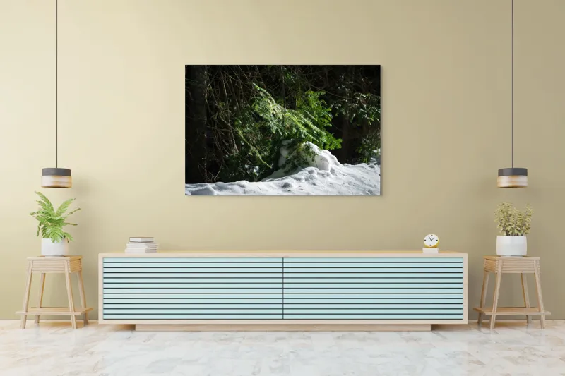 Tablou Canvas, "Brad mic sub razele soarelui", Brad, Zăpadă, Umbre, Lumină, Pădure, Iarnă, Natură, Răcoare., 150 x 100 cm – poza 6