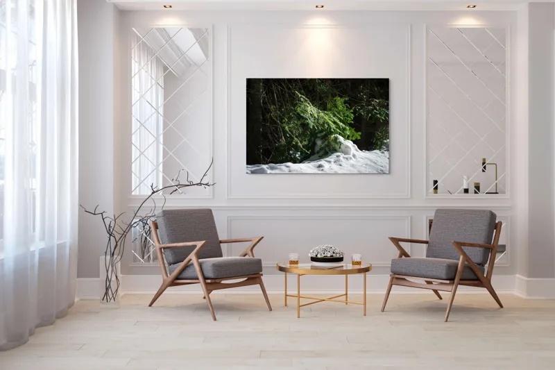 Tablou Canvas, "Brad mic sub razele soarelui", Brad, Zăpadă, Umbre, Lumină, Pădure, Iarnă, Natură, Răcoare., 150 x 100 cm – poza 7