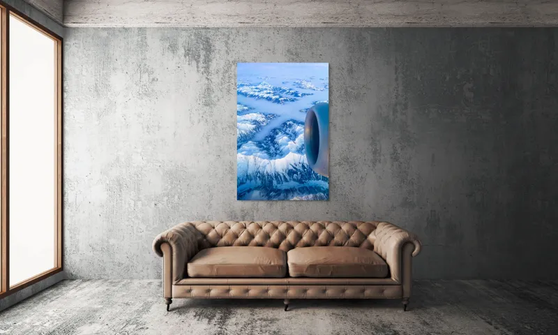 Tablou Canvas, "Vârfuri montane sub cerul senin", Aerian, Munți, Zăpadă, Nor, Turbină, Peisaj, Altitudine, Horizon, Albastru, 100 x 150 cm – poza 6