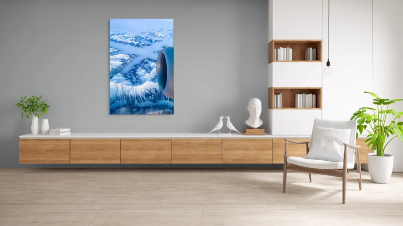 Tablou Canvas, "Vârfuri montane sub cerul senin", Aerian, Munți, Zăpadă, Nor, Turbină, Peisaj, Altitudine, Horizon, Albastru, 100 x 150 cm – poza 8