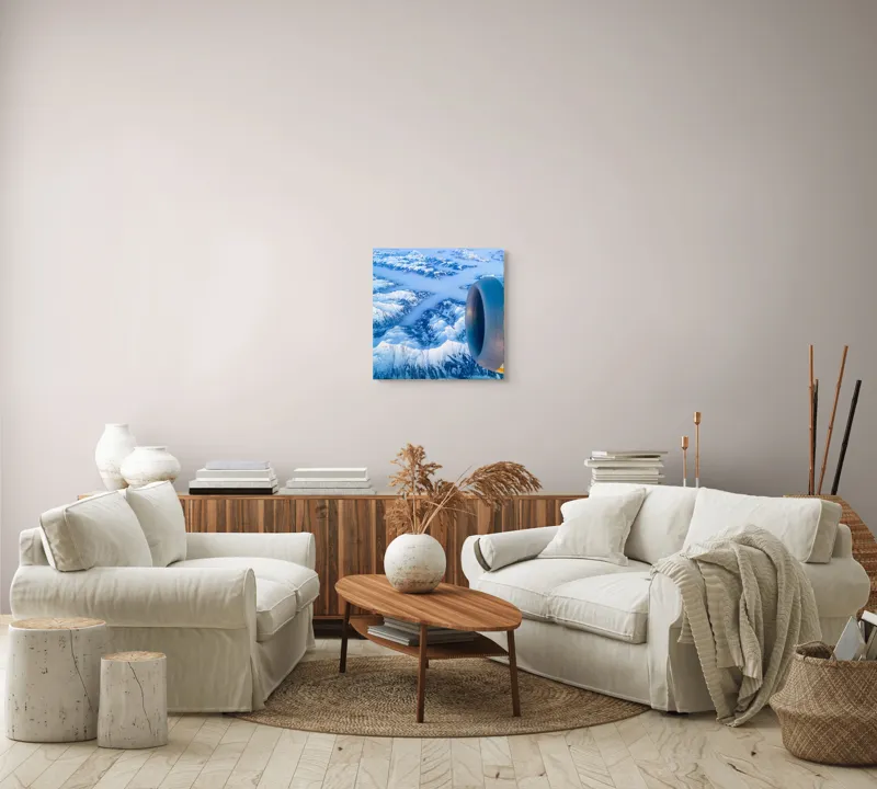 Tablou Canvas, "Vârfuri montane sub cerul senin", Aerian, Munți, Zăpadă, Nor, Turbină, Peisaj, Altitudine, Horizon, Albastru, 50 x 50 cm – poza 7