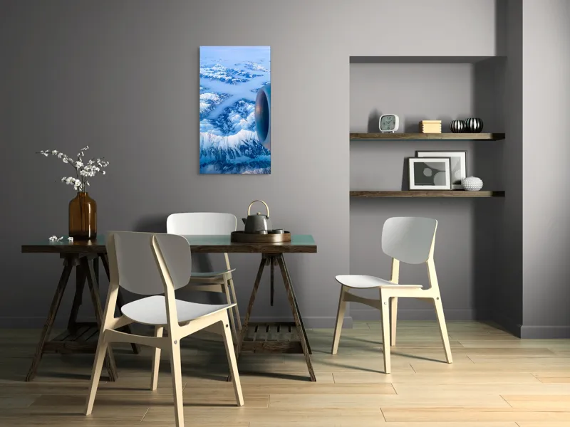 Tablou Canvas, "Vârfuri montane sub cerul senin", Aerian, Munți, Zăpadă, Nor, Turbină, Peisaj, Altitudine, Horizon, Albastru, 50 x 90 cm – poza 4