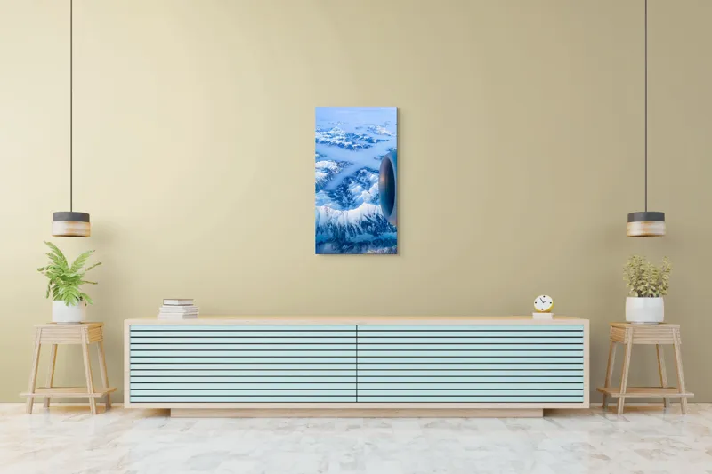 Tablou Canvas, "Vârfuri montane sub cerul senin", Aerian, Munți, Zăpadă, Nor, Turbină, Peisaj, Altitudine, Horizon, Albastru, 50 x 90 cm – poza 6