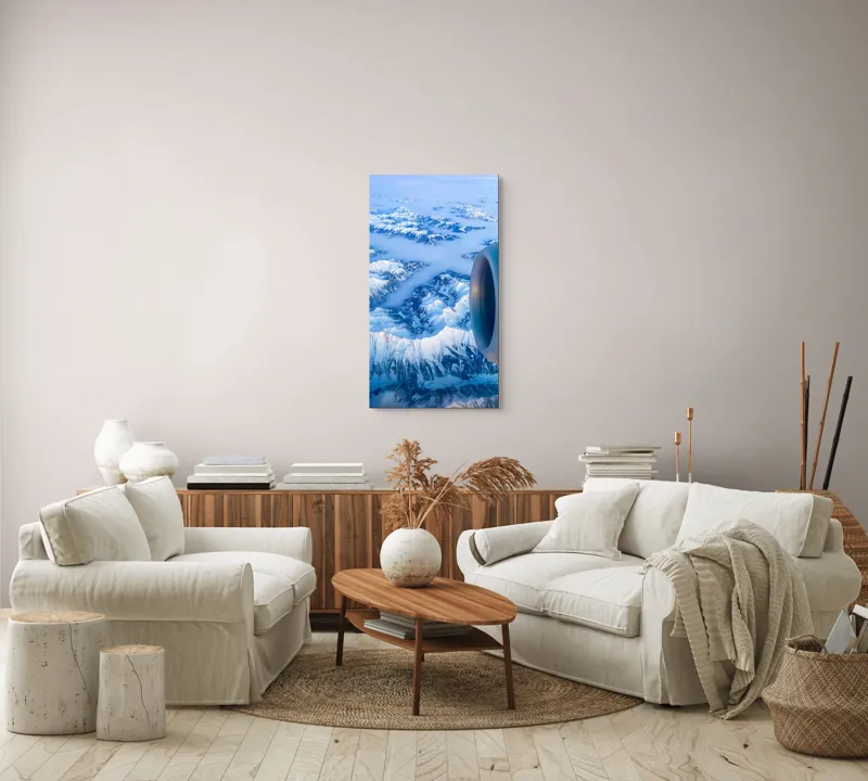 Tablou Canvas, "Vârfuri montane sub cerul senin", Aerian, Munți, Zăpadă, Nor, Turbină, Peisaj, Altitudine, Horizon, Albastru, 50 x 90 cm – poza 7